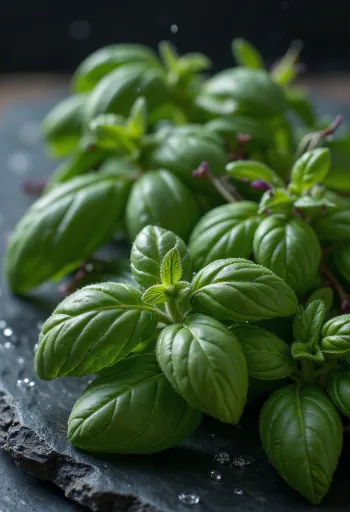 Folhas de Manjericão Sagrado (Tulsi) frescas em prato