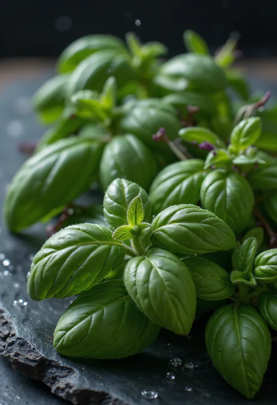 Folhas de Manjericão Sagrado (Tulsi) frescas em prato