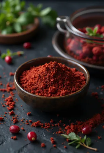 Bagas secas de sumac e pó vermelho vibrante sobre uma bancada de madeira.