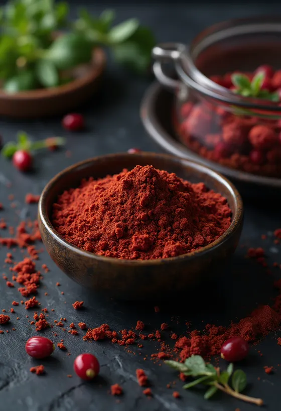 Bagas secas de sumac e pó vermelho vibrante sobre uma bancada de madeira.