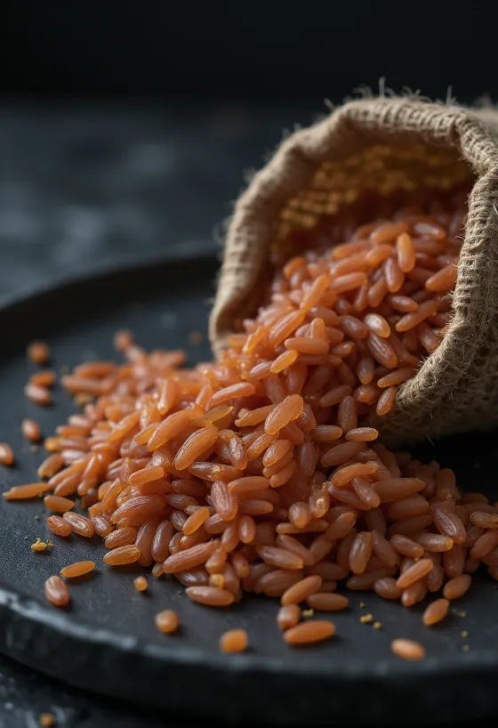 Grãos de arroz vermelho thai cargo frescos no prato