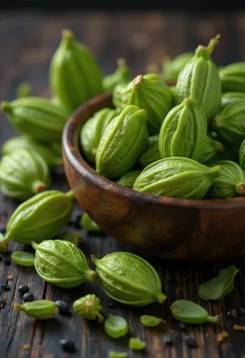 Sementes de cardamomo verde secas espalhadas sobre uma bancada de madeira rústica.
