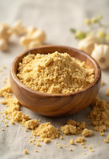 Pó de Ashwagandha em pote de vidro, cor terrosa, com raízes frescas ao lado