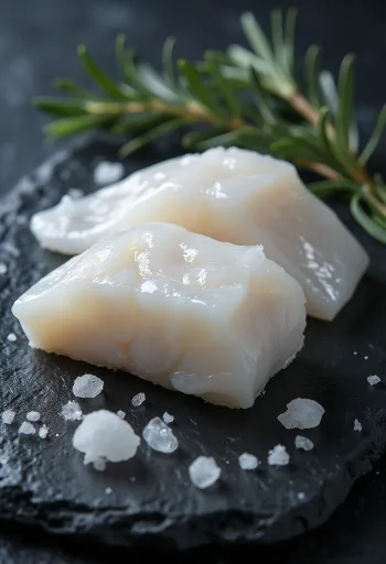 Filé de bacalhau do atlântico fresco sobre tábua de corte