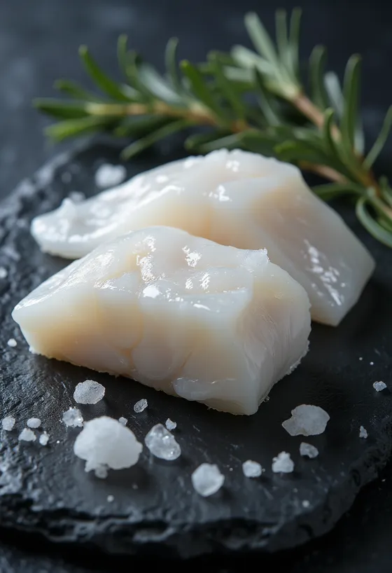 Filé de bacalhau do atlântico fresco sobre tábua de corte