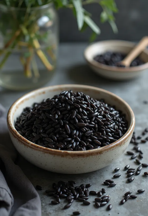 Arroz selvagem cozido, grãos longos e escuros