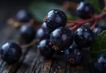 Bagas de sorva vermelhas e brilhantes em detalhe