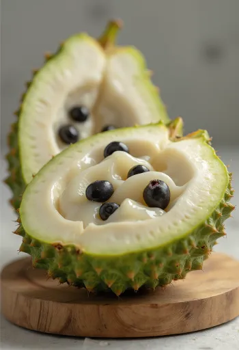 Fruta cherimoia com casca verde e polpa branca cremosa