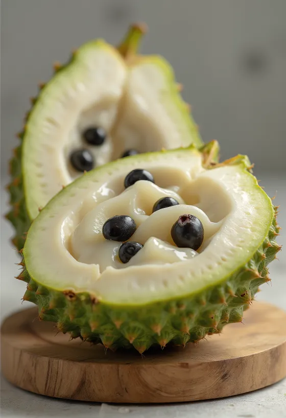 Fruta cherimoia com casca verde e polpa branca cremosa
