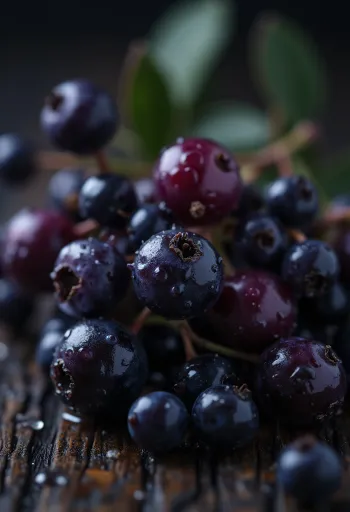 Bagas de sabugueiro em close, cor roxo-escuro brilhante