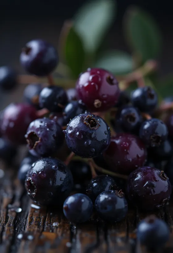 Bagas de sabugueiro em close, cor roxo-escuro brilhante
