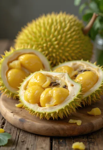 Fruta Jaca aberta mostrando bagos amarelos e casca verde