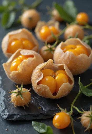 Frutas physalis com suas cascas em formato de lanterna e bagas laranjas brilhantes