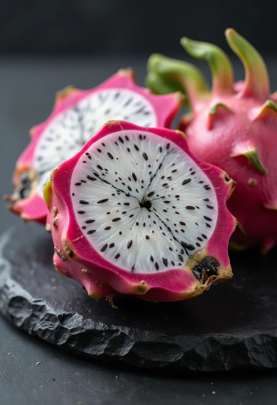 Pitaya de polpa branca cortada mostrando as sementes pretas e casca rosa
