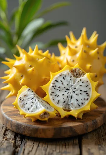 Pitaya amarela inteira e cortada mostrando a polpa branca suculenta