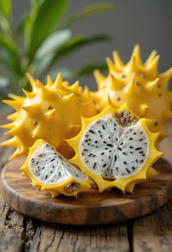 Pitaya amarela inteira e cortada mostrando a polpa branca suculenta