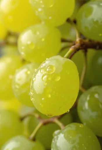 Cacho de uva Irsai Olivér verde amarelada com bagas frescas