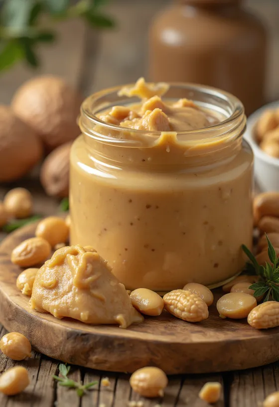 Pote de pasta de amendoim cremosa com amendoins ao lado