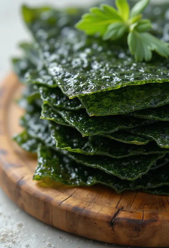 Folhas de alga nori seca e nori picada em tigela