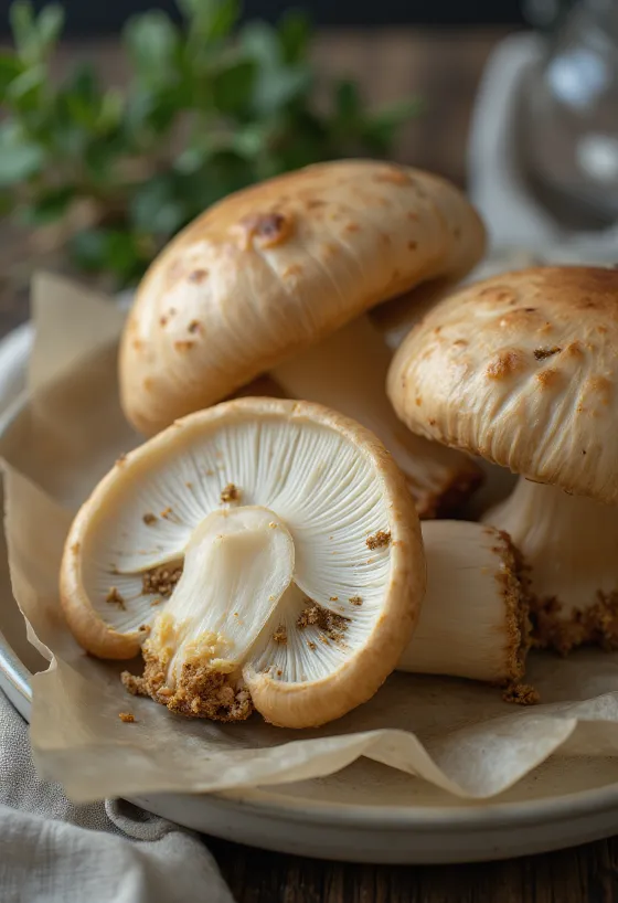 Porcini de Verão fatiado fresco com especiarias e azeite em tábua de madeira