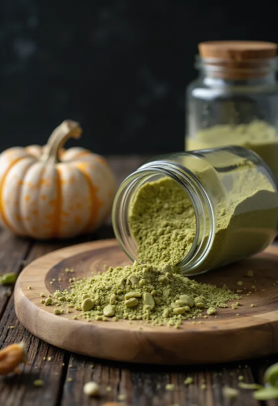 Proteína de semente de abóbora crua, pó verde, com sementes ao lado
