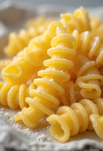 Macarrão fusilli seco espalhado em superfície de madeira