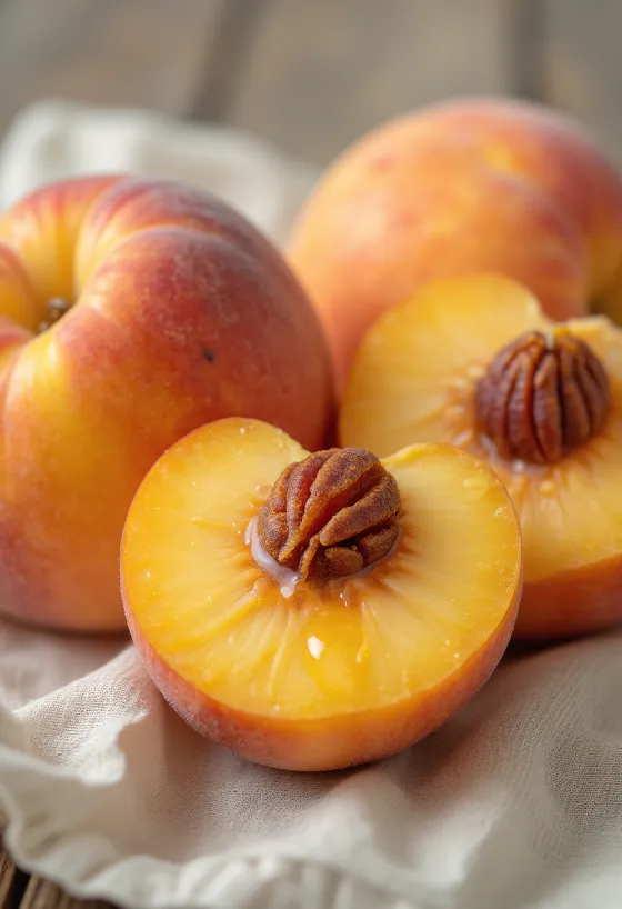 Pêssegos inteiros e fatiados sobre mesa rústica ao sol