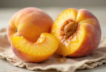 Pêssegos inteiros e fatiados sobre mesa rústica ao sol