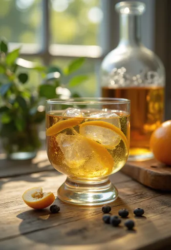 Garrafa e copo de Pálinka tradicional com frutas frescas como ameixa e pera ao lado