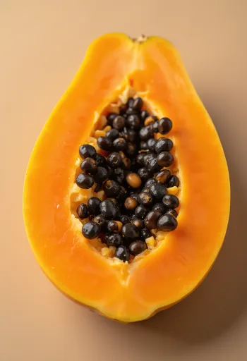 Mamão papaia fresco fatiado sobre superfície de madeira com sementes pretas