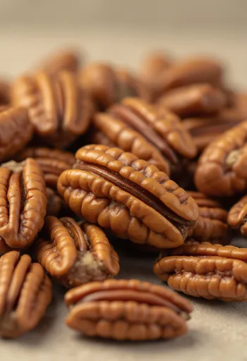 Nozes-pecã descascadas em tigela de madeira e espalhadas sobre superfície clara