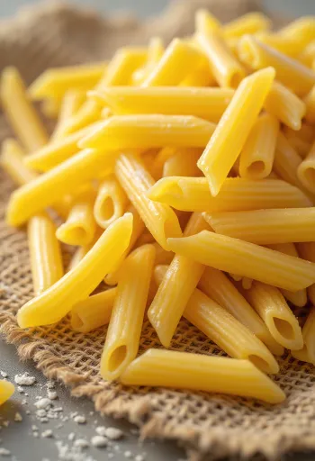 Massa penne seca com textura estriada espalhada sobre superfície de madeira