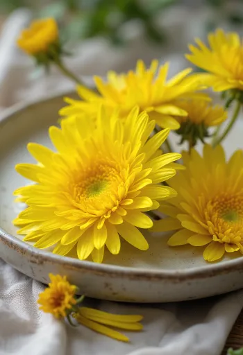 Flor de dente-de-leão fresca com pétalas amarelas em prato branco comestível
