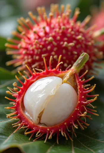 Rambutão inteiro e cortado ao meio com casca vermelha peluda e polpa branca