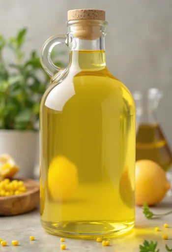 Óleo de canola em garrafa de vidro e tigela sobre fundo claro