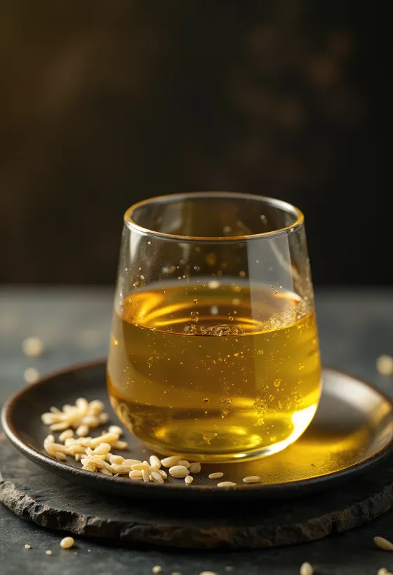 Óleo de arroz em tigela pequena, ao lado de grãos de arroz integral e farelo