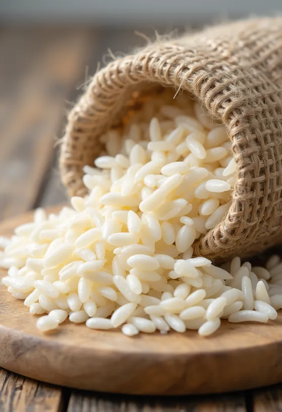 Flocos de arroz secos e achatados em tigela e espalhados com colher de pau