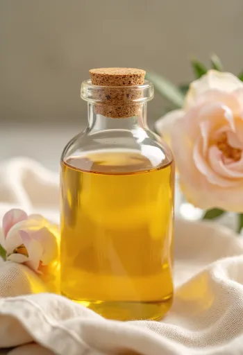 Frasco pequeno de óleo de rosas com pétalas frescas e secas ao redor