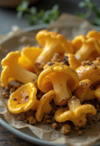 Cogumelo Cantharellus fatiado fresco com especiarias, alho e azeite em tábua