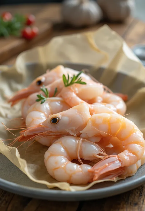 Carne fresca de lagostim (scampi) no gelo com limão e salsa