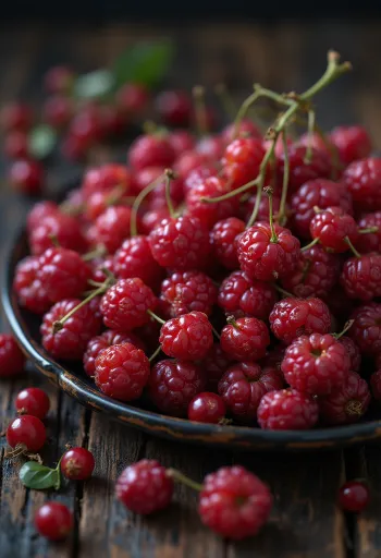Bagas de schisandra frescas vermelhas, algumas cortadas, estado natural