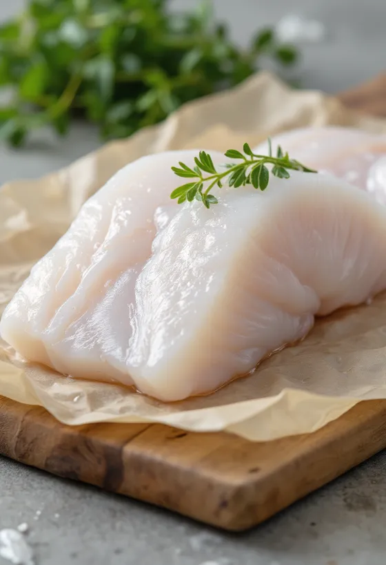 Filé de peixe Sherry temperado sobre tábua de madeira rústica