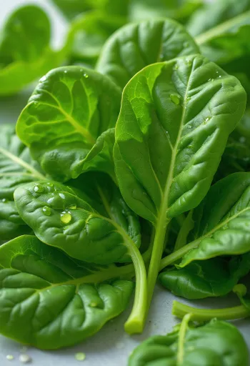 Folhas de espinafre frescas e verdes em tábua de madeira