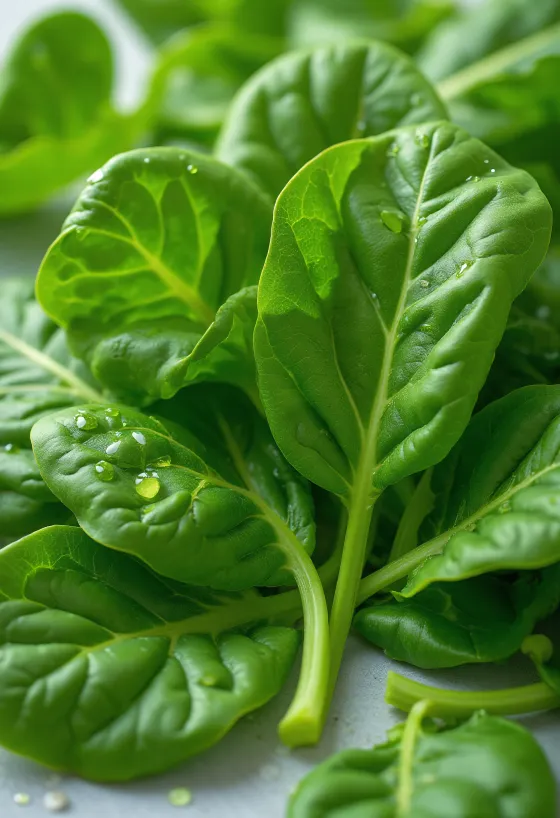 Folhas de espinafre frescas e verdes em tábua de madeira