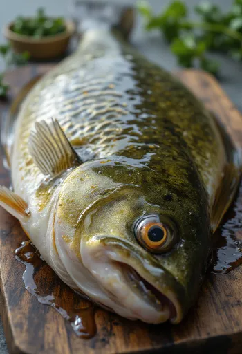 Filés de perca frescos com limão e endro em tábua
