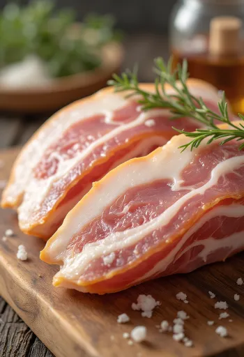 Fatias de bacon cru em tábua de madeira com camadas de gordura e carne