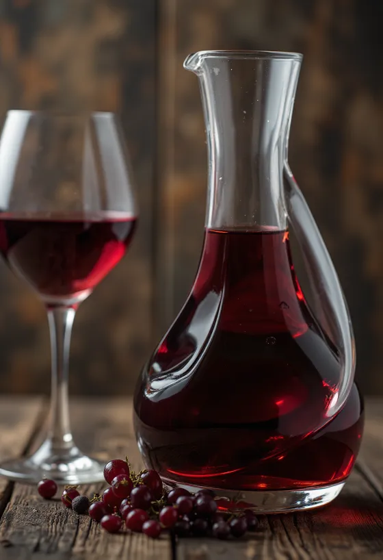 Taça de vinho tinto seco cercada por uvas escuras e barril de madeira