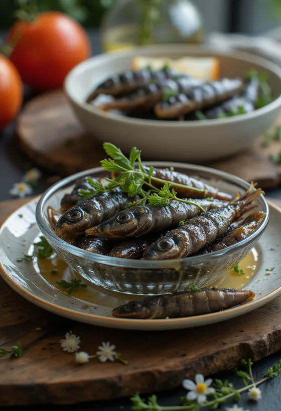 Filés de anchova com temperos e limão em tábua de madeira