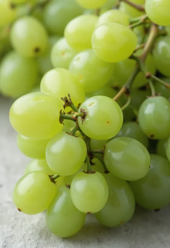 Cachos de uva verde e roxa em mesa de madeira com suco