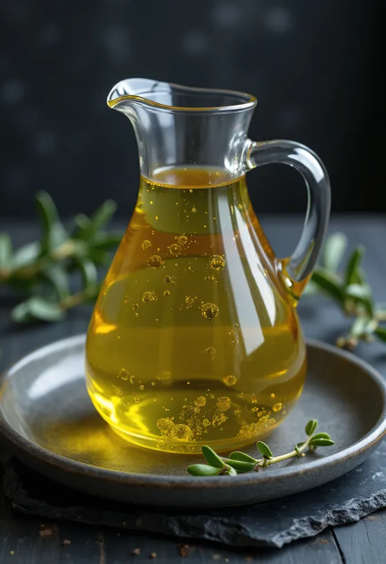 Azeite de oliva virgem em tigela de vidro, cor amarelo-ouro, com azeitonas